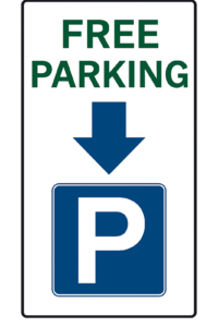 Značka FREE PARKING s modrou šípkou nad symbolom parkovania – bezplatné parkovanie pri A7 Apartments Komárno.